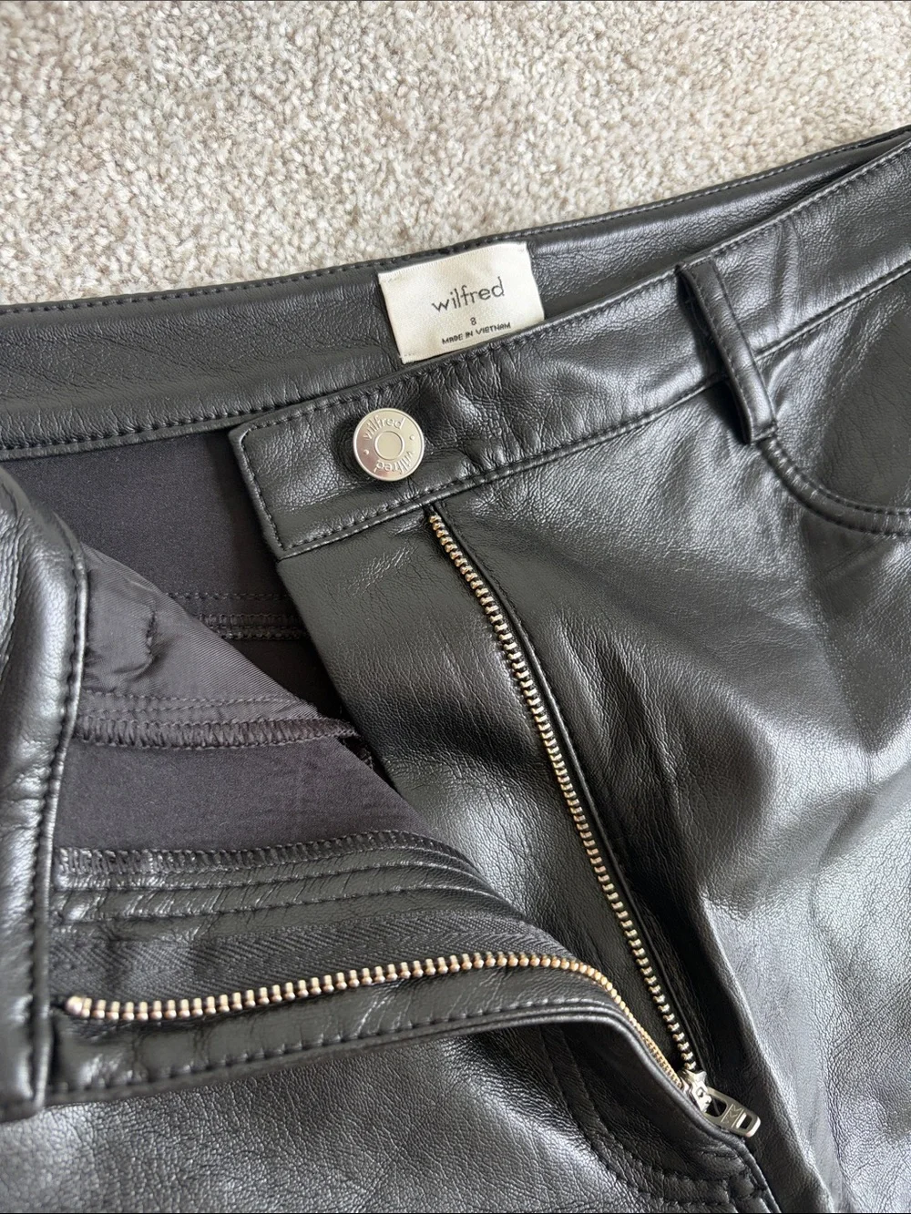 Wilfred Black Faux Leather Straight Leg Pants with Silver Zipper